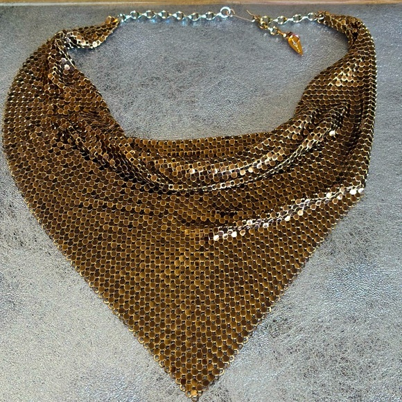 Whiting & Davis vintage 60s gold bronze mesh bib necklace ⭐️ disco 🪩 SALE - Picture 7 of 8